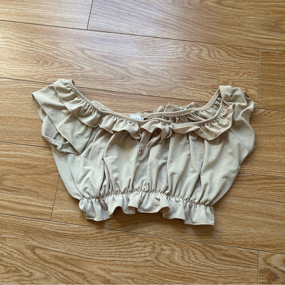 Women's Tan Off the Shoulder Ruffle Top